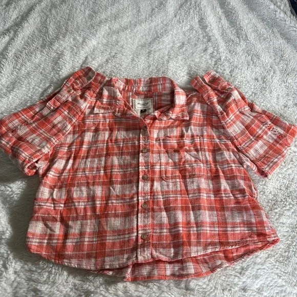 American Eagle Women's M Orange White Plaid Cropped Flannel Button Down Shirt - Picture 11 of 11